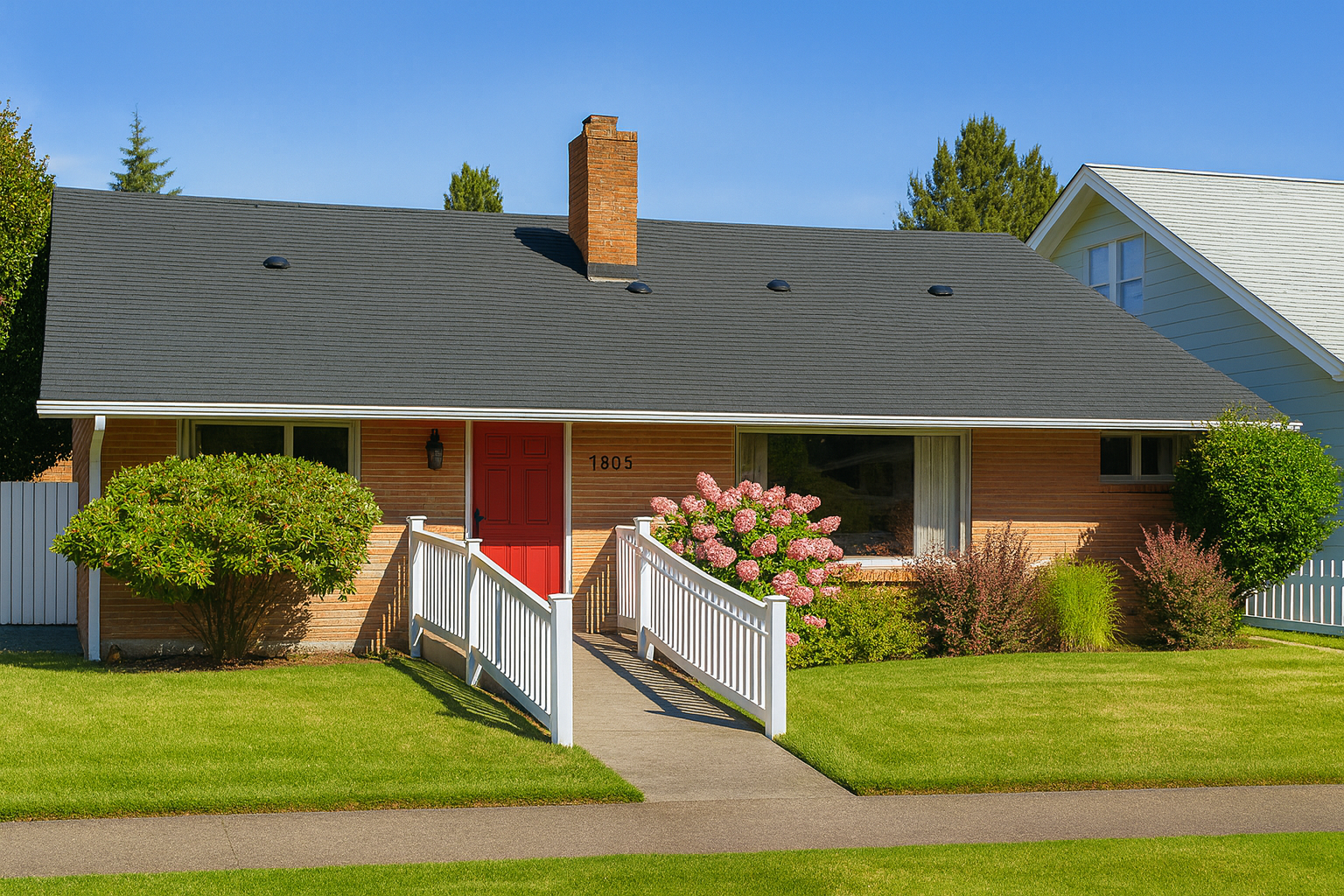 Joyful Hearts Adult Family Home - Beautiful single-story home with brick exterior, red front door, well-maintained landscaping, and white railings at 1805 Oakes Avenue, Everett, WA